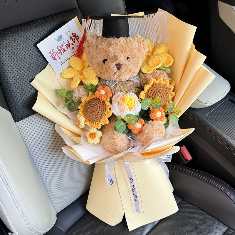 台灣現貨【畢業熊向日葵花束】50cm百合向日葵畢業季祝福花禮 粉色藍色香檳可選 典禮合照送同學老師 櫥窗提袋燈串可選