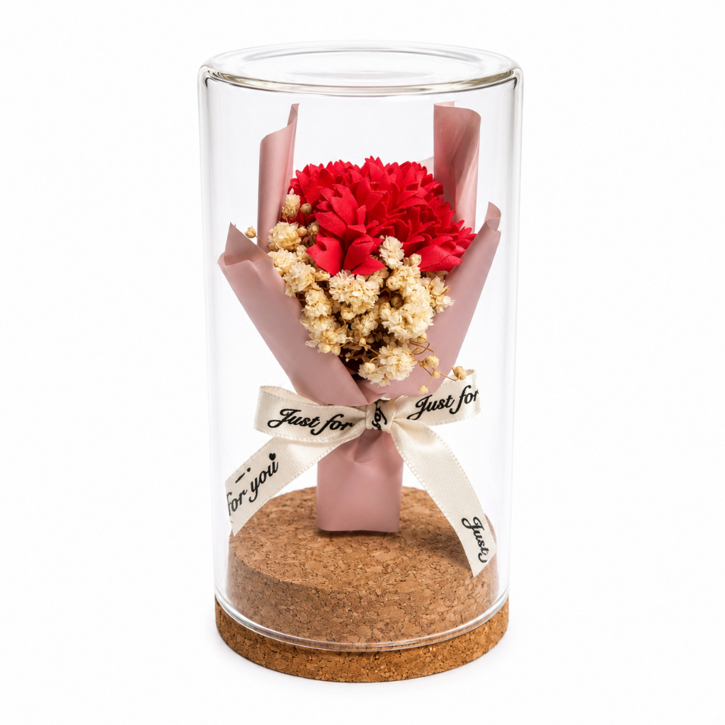 10cm香皂花玻璃罩（紅康乃馨V款）,純花束（無玻璃罩／無提袋／無燈串）