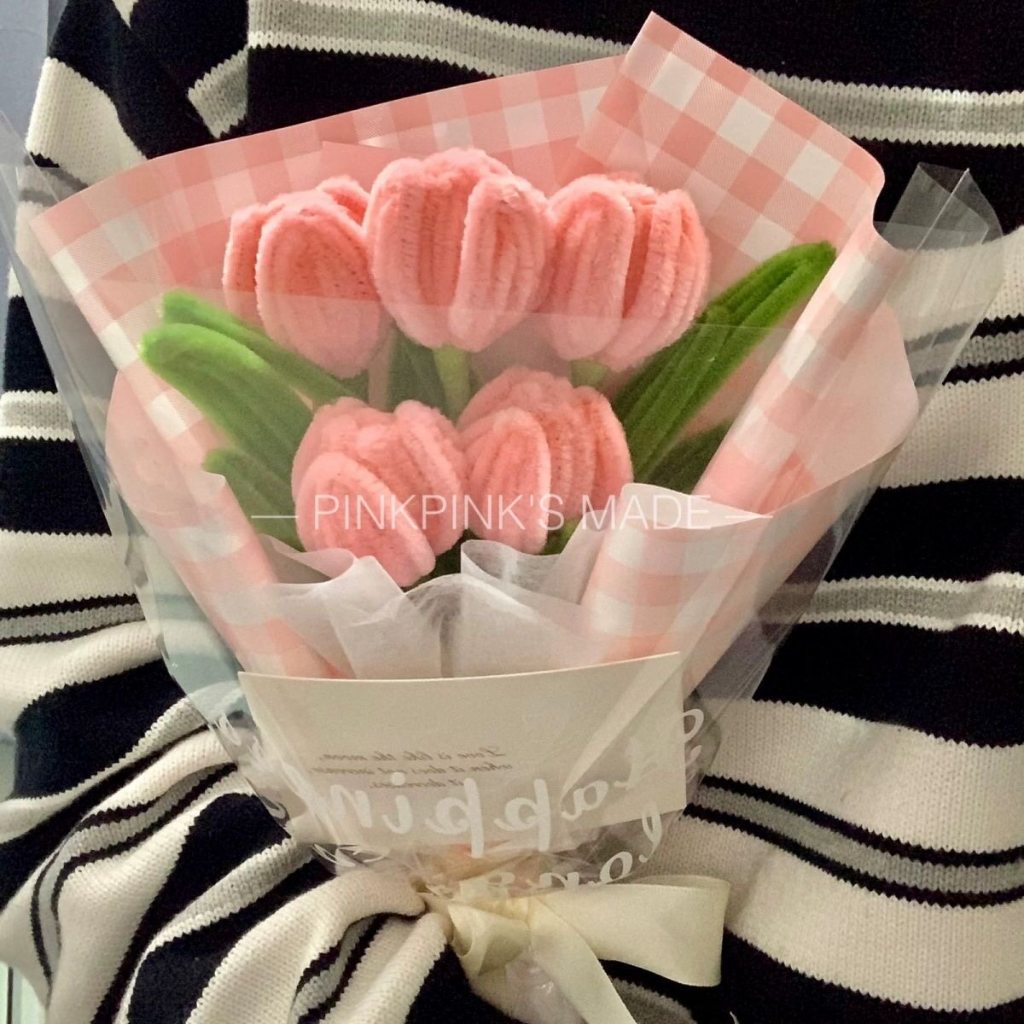 30cm五朵郁金香毛根花束（粉色格紋）,純花束（無提袋／無燈串）