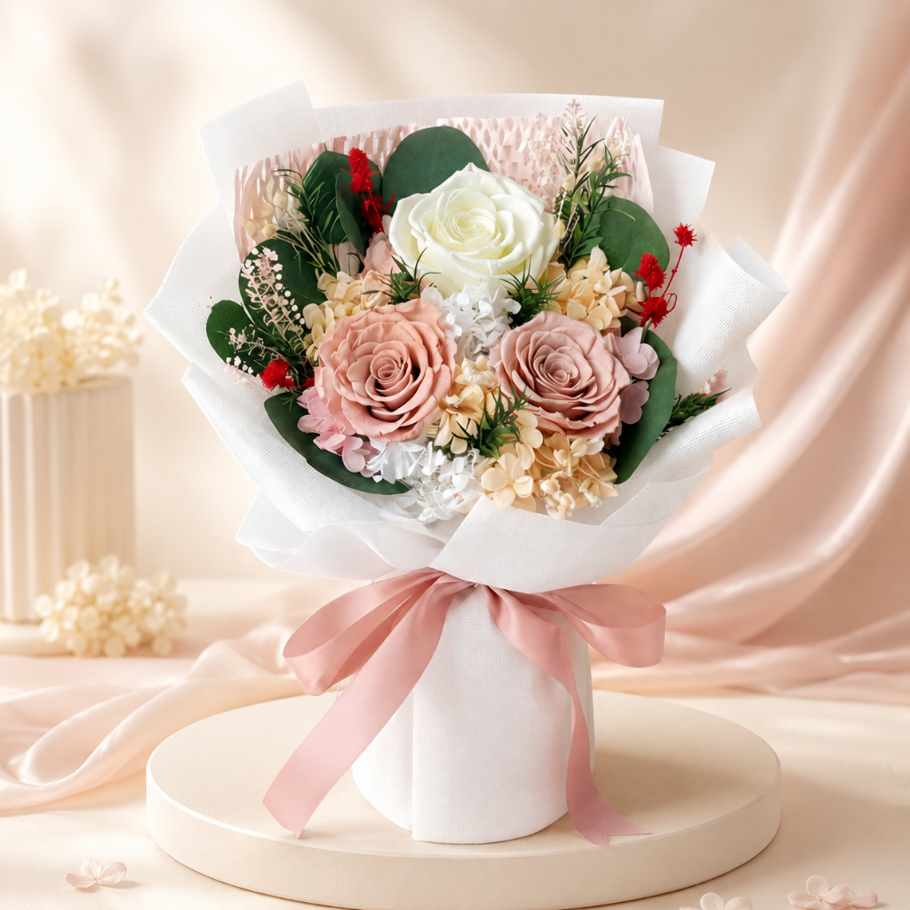 30cm3朵永生玫瑰花束（柔粉）,純花束（無提袋／無燈串）