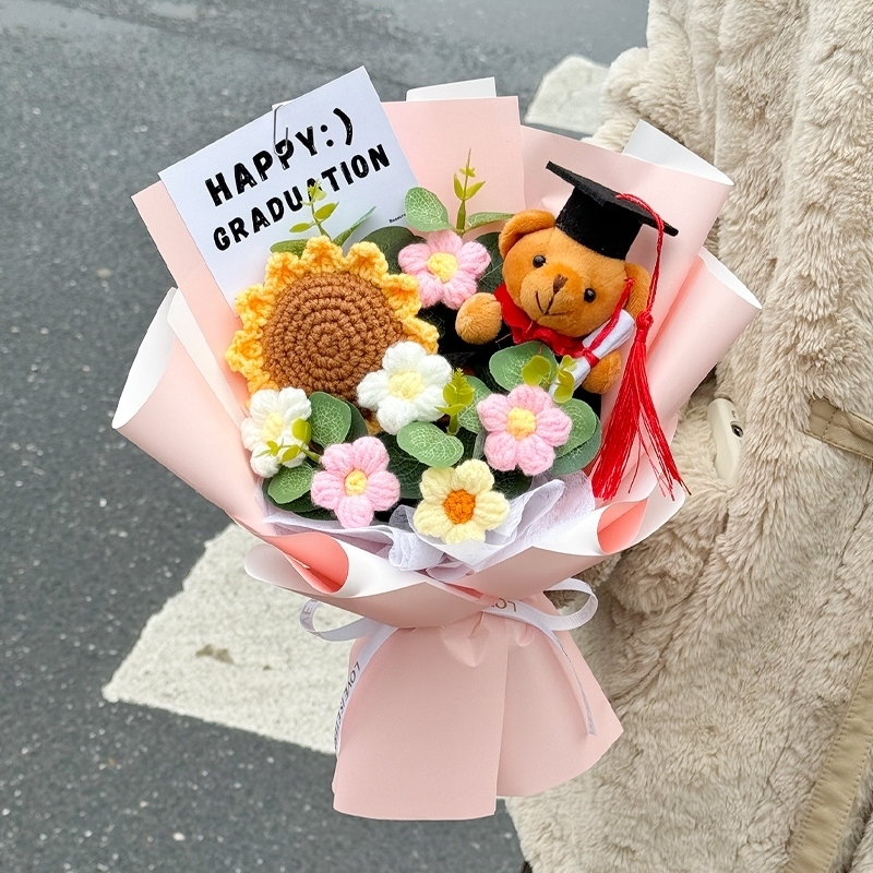35cm向日葵＋英文坐姿畢業棕熊(粉色),純花束（無提袋／無燈串）