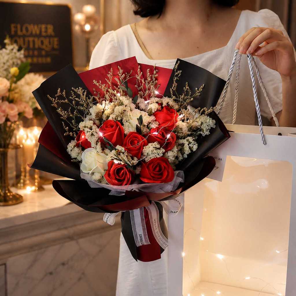 台灣現貨【9朵玫瑰花束】情人節花禮, 生日送禮, 母親節花禮, 紀念日禮物, 告白花束, 櫥窗提袋花束, LED燈串花束