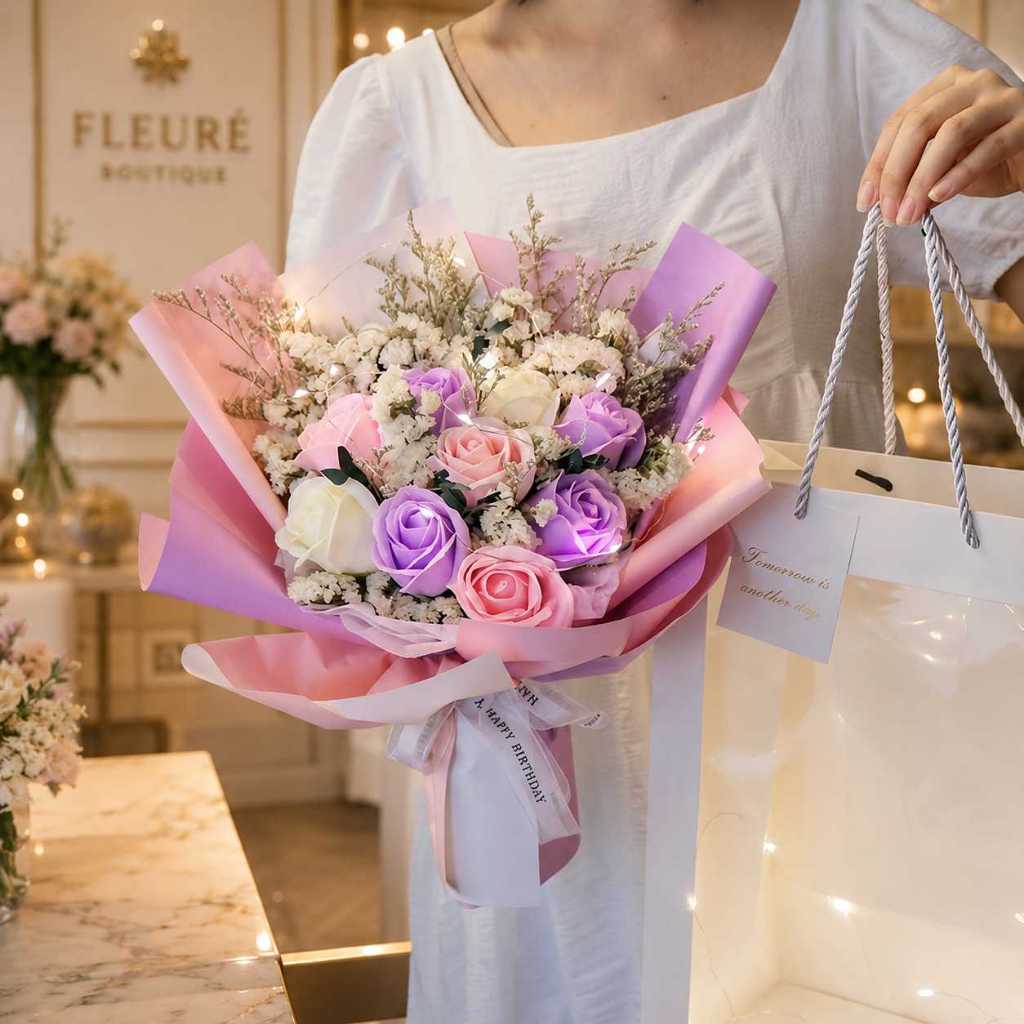台灣現貨【9朵玫瑰花束】情人節花禮, 生日送禮, 母親節花禮, 紀念日禮物, 告白花束, 櫥窗提袋花束, LED燈串花束