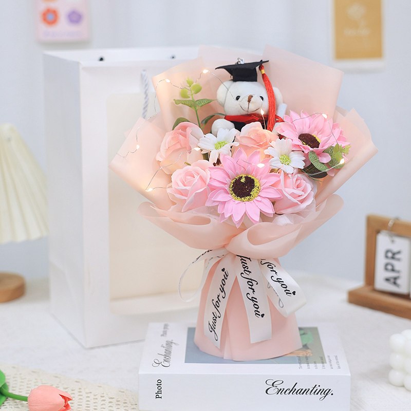 30cm6朵畢業熊香皂向日葵玫瑰(粉色),純花束（無提袋／無燈串）