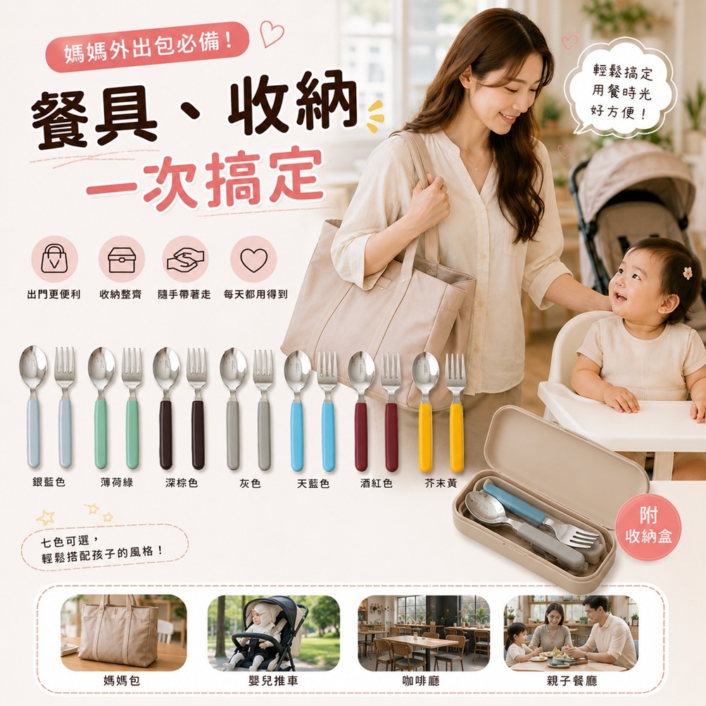 Kamome Kitchen 兒童湯匙叉子 + 收納盒組(湯匙+叉子+收納盒)