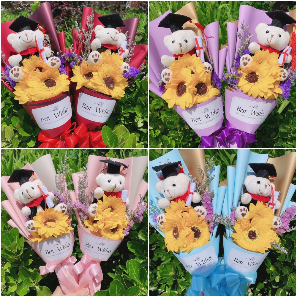 坐姿畢業小熊＋三朵向日葵＋乾燥花(牛皮)