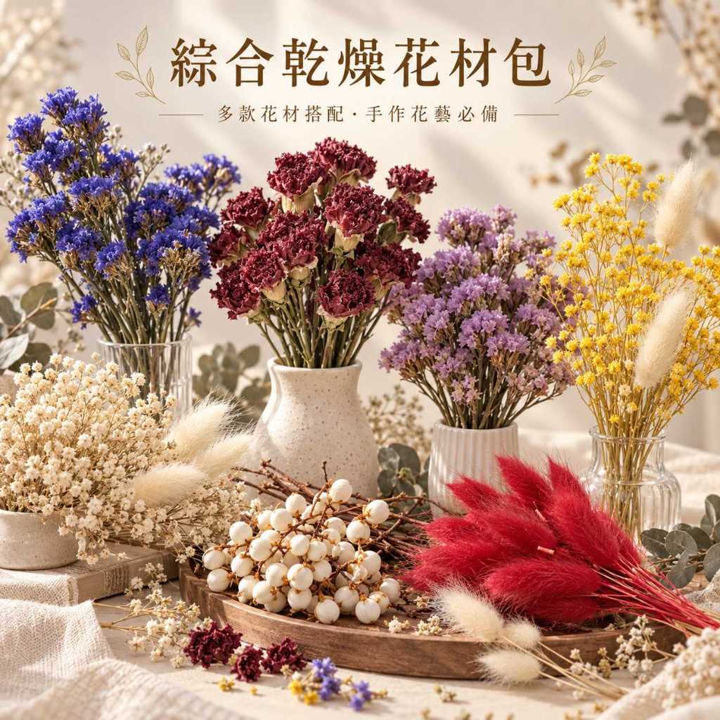 台灣現貨【綜合乾燥花材包】綜合乾燥花材, 乾燥花材包, 兔尾草, 烏臼, 滿天星, 卡斯比亞, 星辰花, 水晶草, 虎眼