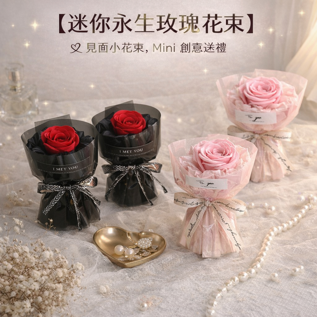 台灣現貨【迷你永生玫瑰】見面小花束不凋謝 生日紀念日送禮 車載書桌擺飾提袋燈串 生日禮物