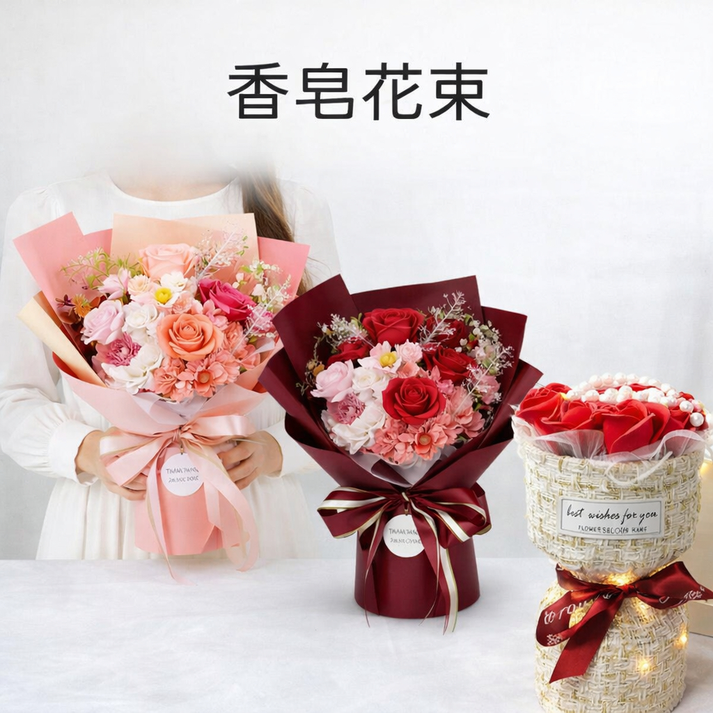 台灣現貨【香皂手捧花】香皂花仿真花混搭 康乃馨玫瑰繡球 高級感送禮 情人節生日紀念日 情人節禮物 送女友 生日禮物