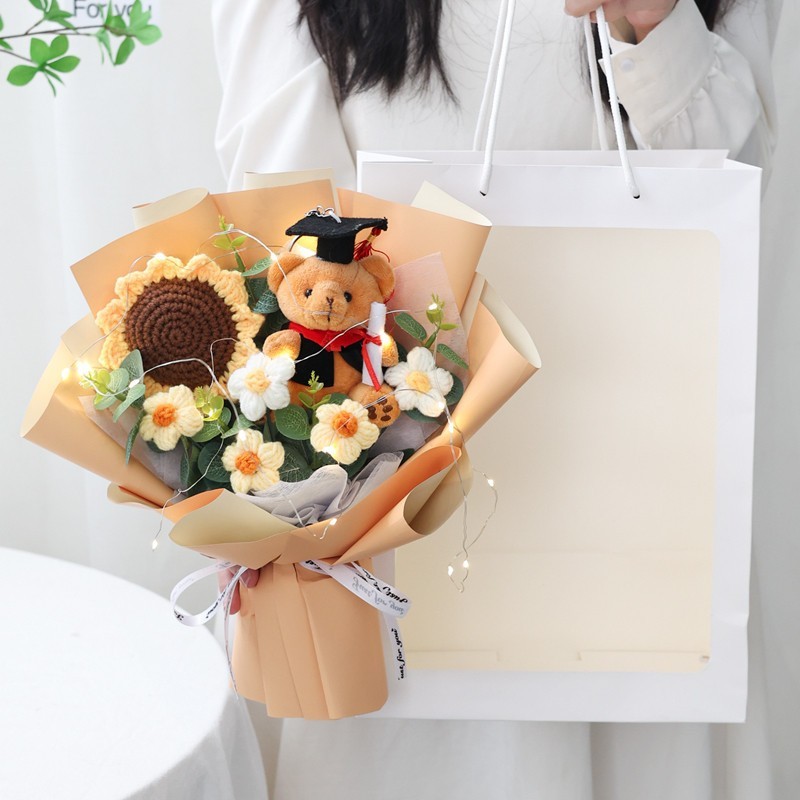 35cm向日葵＋坐姿畢業棕熊(香檳),純花束（無提袋／無燈串）
