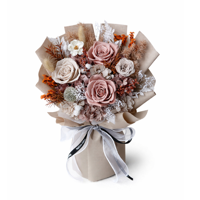 35cm4朵永生玫瑰花束（卡其）,純花束（無提袋／無燈串）