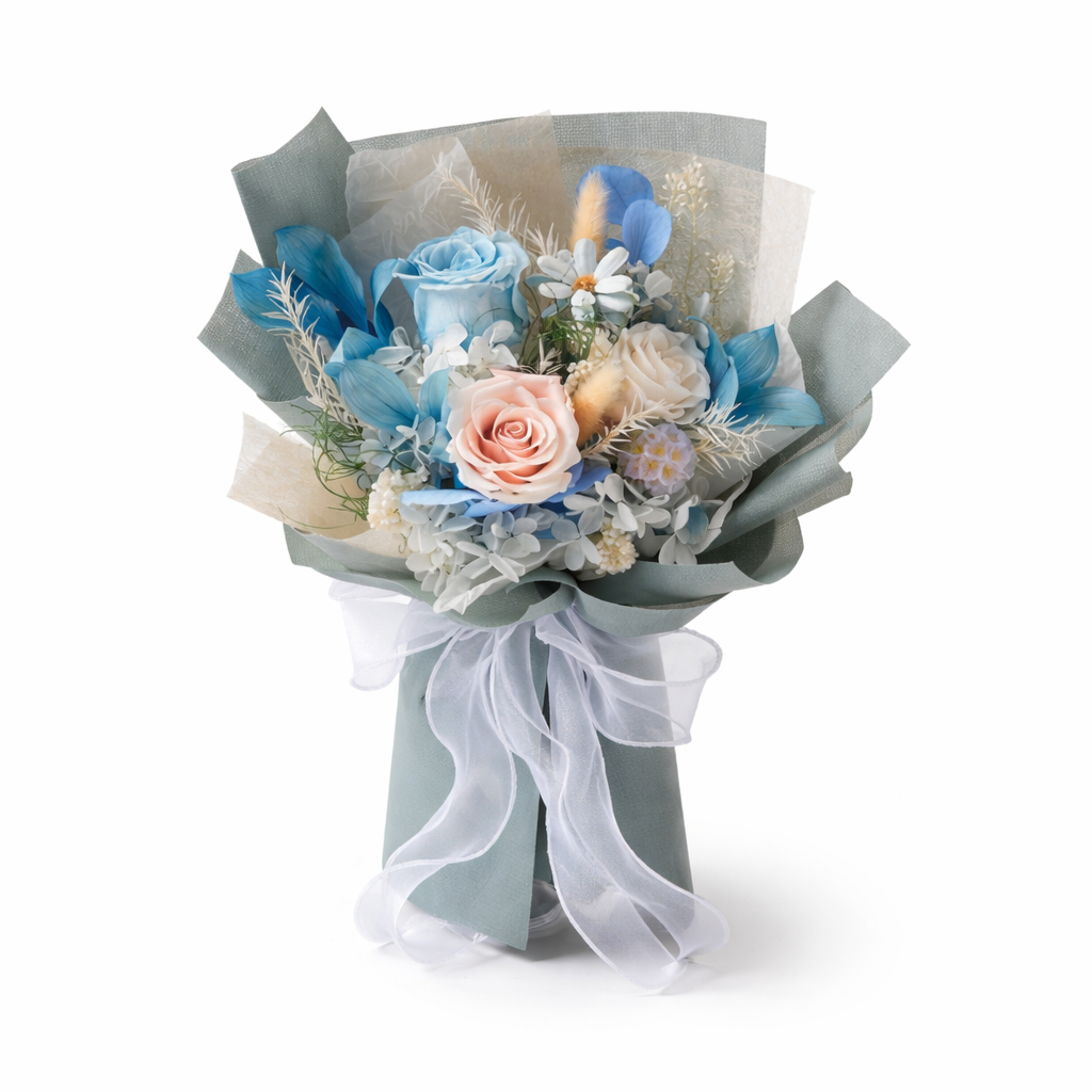 30cm3朵永生玫瑰花束（湖藍）,純花束（無提袋／無燈串）