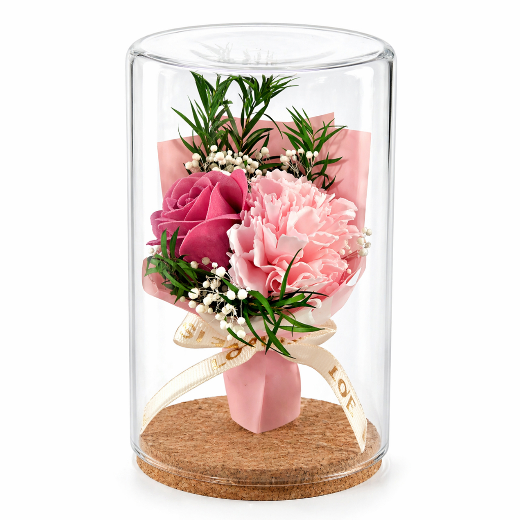 10cm香皂花玻璃罩（粉康＋藕粉玫瑰）,純花束（無玻璃罩／無提袋／無燈串）