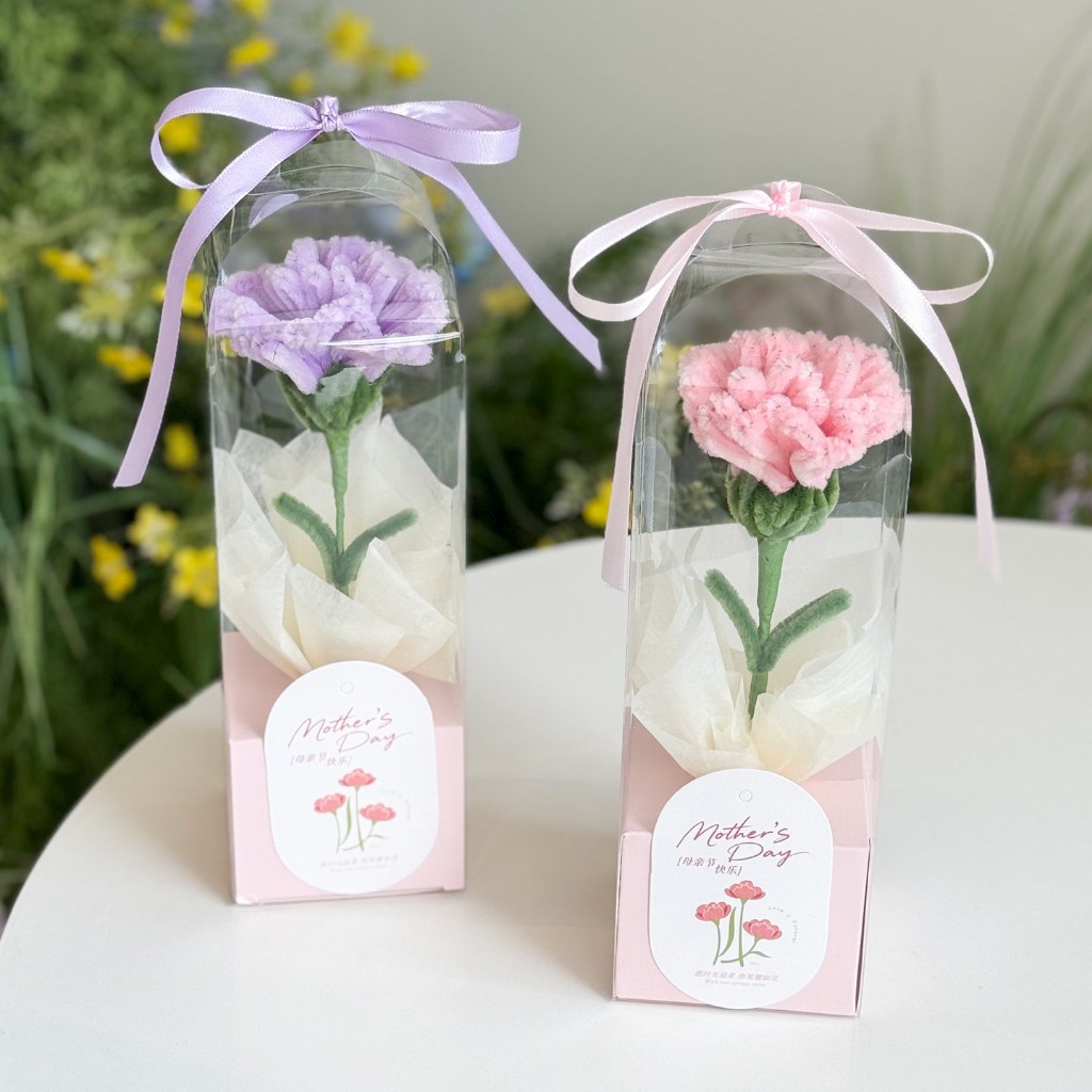 台灣現貨【扭扭棒康乃馨禮盒】25cm紫色粉色母親節感謝花禮 生日送禮 拍照打卡 桌面擺飾 溫柔手作小花盒