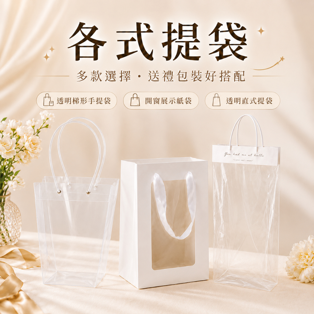 台灣現貨【各式提袋】20~45cm 櫥窗提袋 透明提袋 梯形提袋 多尺寸 花束提袋 紅酒瓶袋 手提袋 包裝材料 母親節