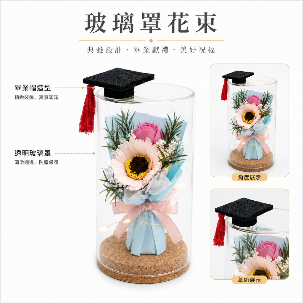 台灣現貨【向日葵玫瑰玻璃罩】10cm香皂花質感桌面花禮 香皂花玻璃罩 向日葵玻璃罩 玫瑰玻璃罩 畢業帽 拍照打卡 IG風
