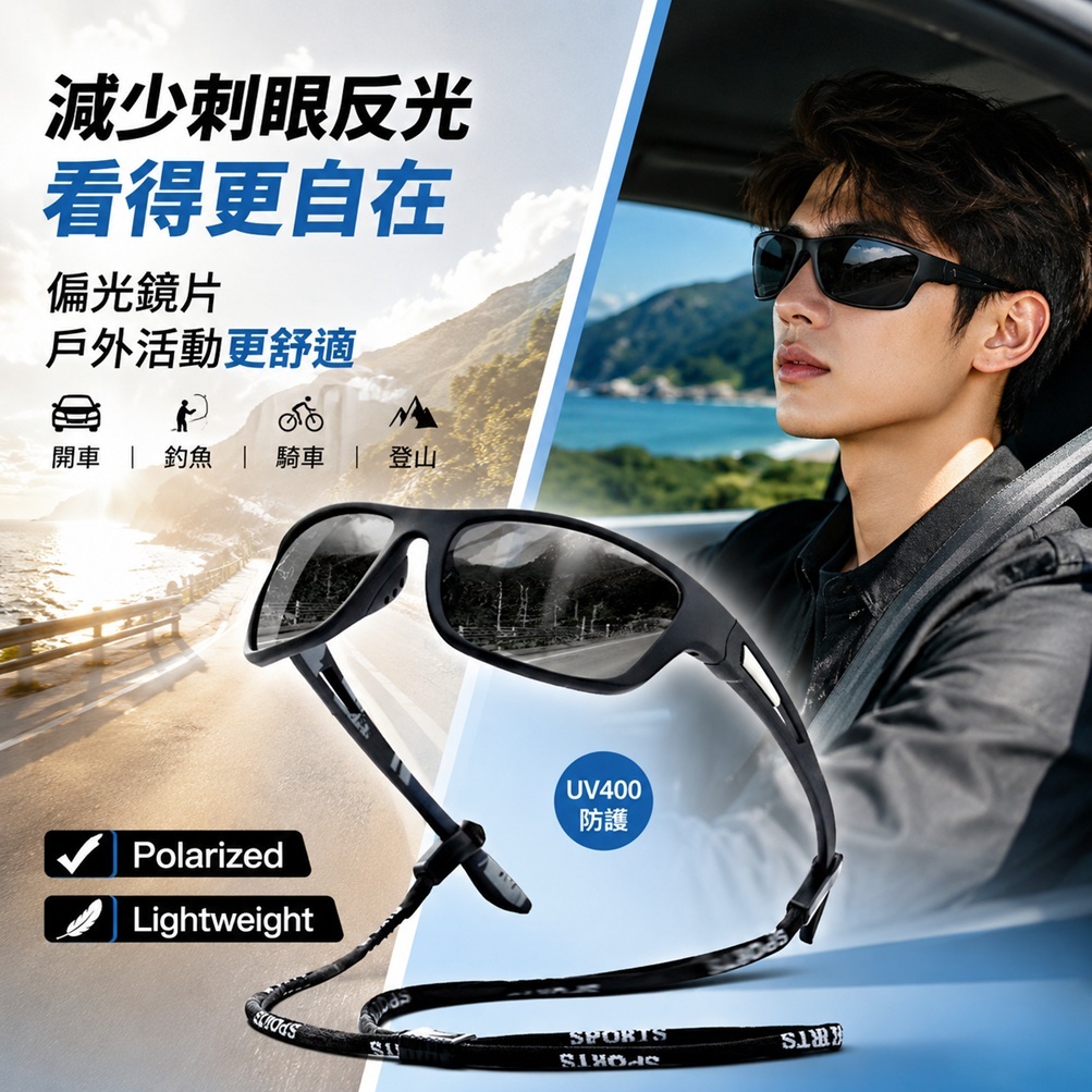 American Road 偏光戶外運動太陽眼鏡 HR2464 (黑色)輕量舒適 戶外運動 太陽眼鏡 騎車 開車 旅行