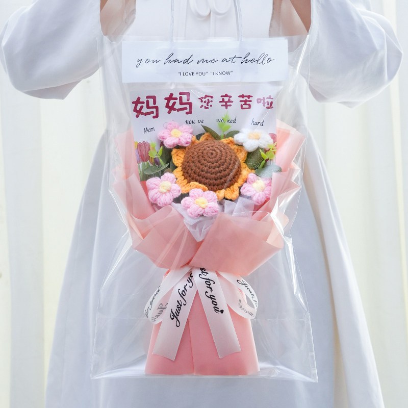 25cm針織向日葵泡芙花(粉色),純花束（無禮盒／無燈串）