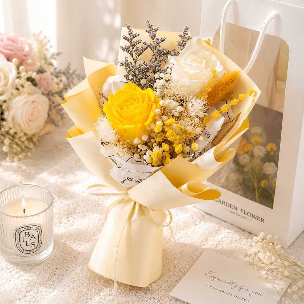 台灣現貨【25cm迷你花束】永生玫瑰 25cm迷你花束, 永生玫瑰花束, 單朵玫瑰花束, 雙朵玫瑰花束, 向日葵花束