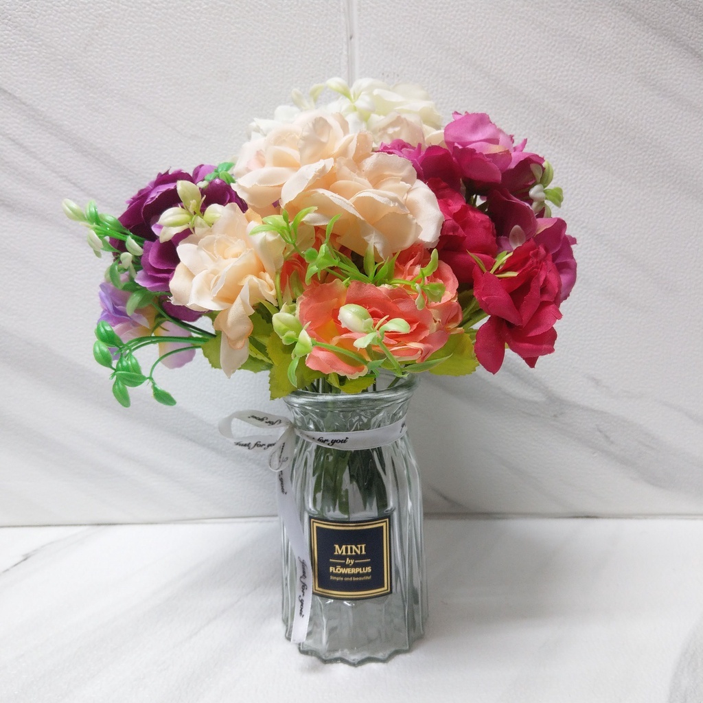 台灣現貨【6頭芙蓉玫瑰】27cm6頭芙蓉玫瑰, 芙蓉玫瑰花束, 仿真玫瑰花材, 27cm仿真花, 六朵玫瑰, 花瓶插花