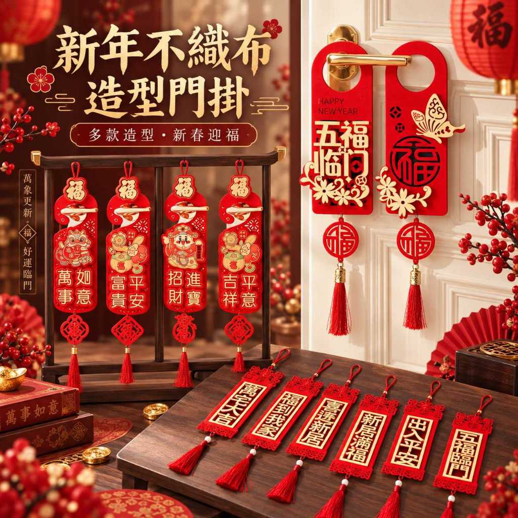 台灣現貨【新年不織布造型門掛】新年門掛, 春節門掛, 不織布掛飾, 新年門把掛飾, 五福臨門, 迎春納福, 舞獅掛飾
