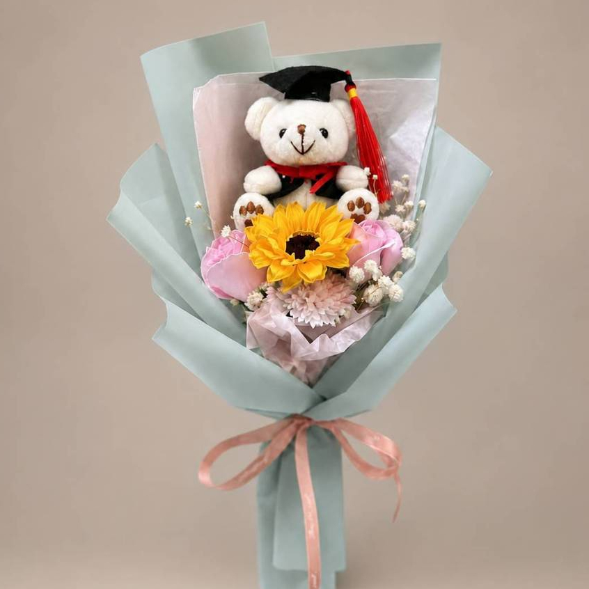 25cm5朵玫瑰向日葵＋康（綠色）,純花束（無提袋／無燈串）