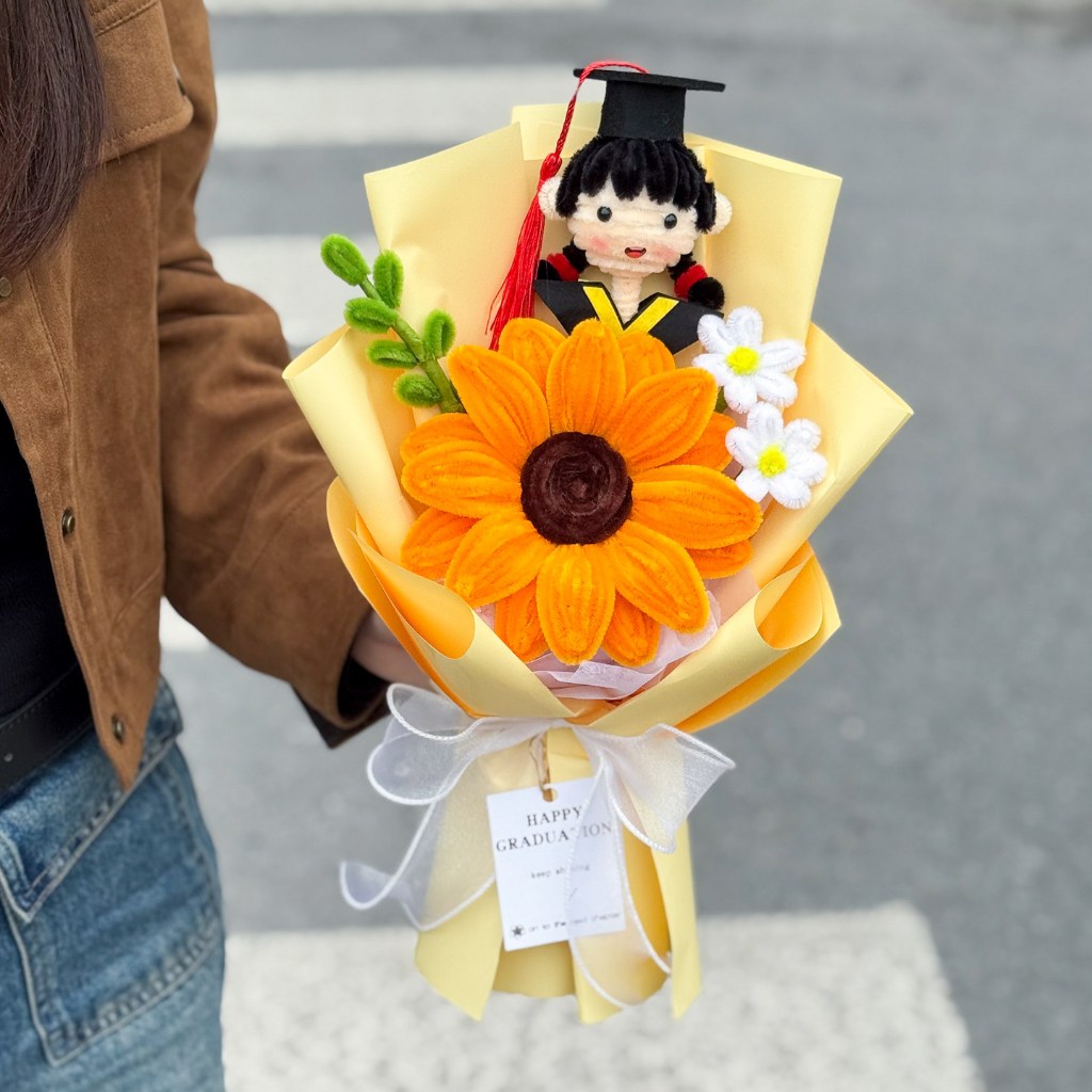30cm單支毛根向日葵＋畢業女孩（香檳）,純花束或土盆（無提袋／無燈串）