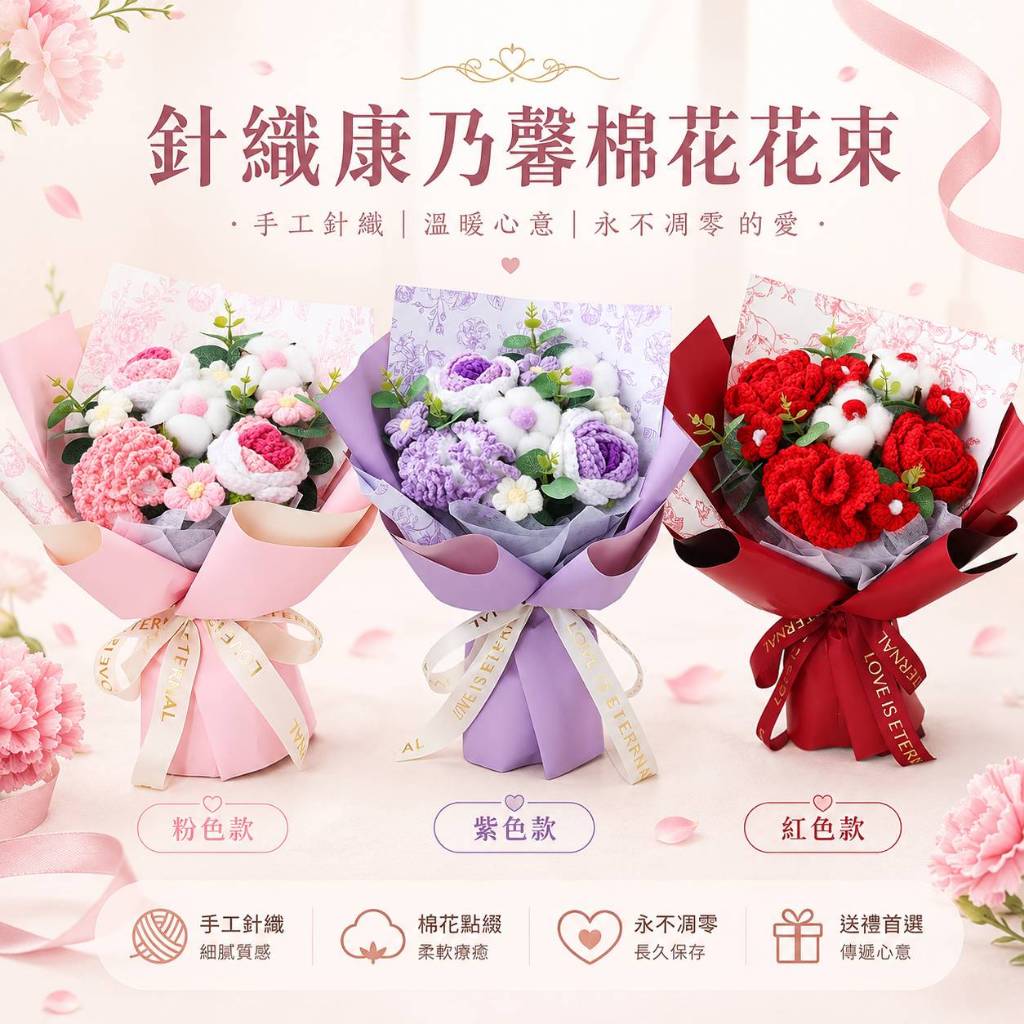 台灣現貨【針織康乃馨棉花花束】35cm五朵康乃馨玫瑰棉花雛菊母親節花束 生日禮物 櫥窗提袋燈串 拍照花束感謝花禮