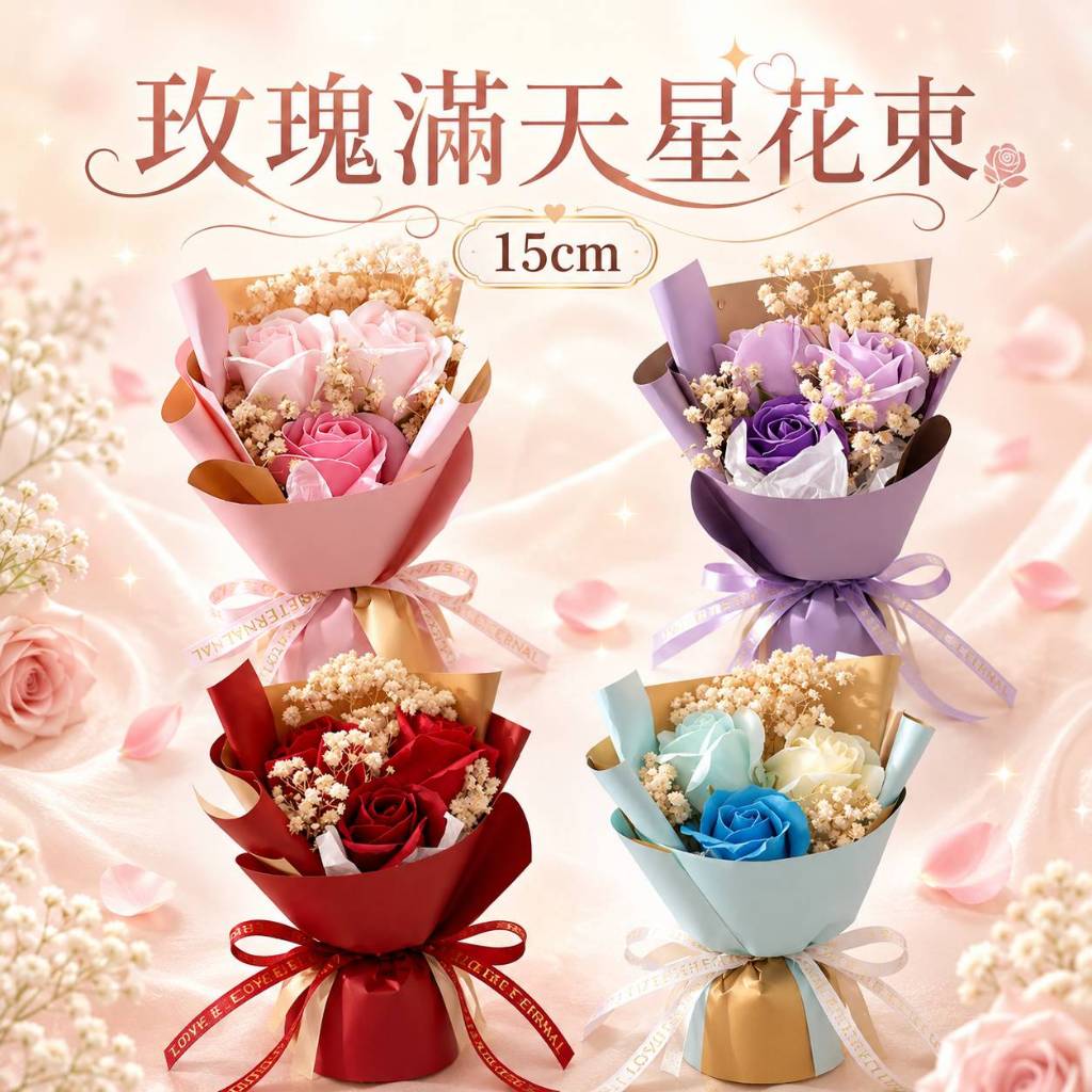 台灣現貨【玫瑰滿天星花束】15cm粉紫紅藍三朵迷你花禮 情人節生日送禮 透明提袋燈串可選 拍照擺飾桌面小花束