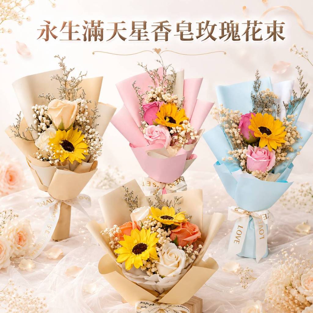 台灣現貨【永生滿天星香皂玫瑰花束】30~40cm永生滿天星花束 香皂玫瑰花束 畢業花束 母親節花束 生日禮物 拍照花束