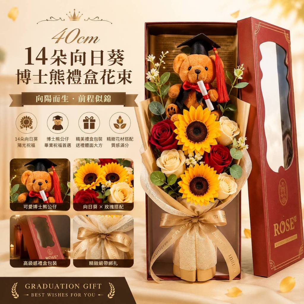 台灣現貨【40cm14朵向日葵玫瑰博士熊禮盒花束】畢業季送禮, 謝師禮物, 校園合照花束, 畢業典禮花束, 生日送禮