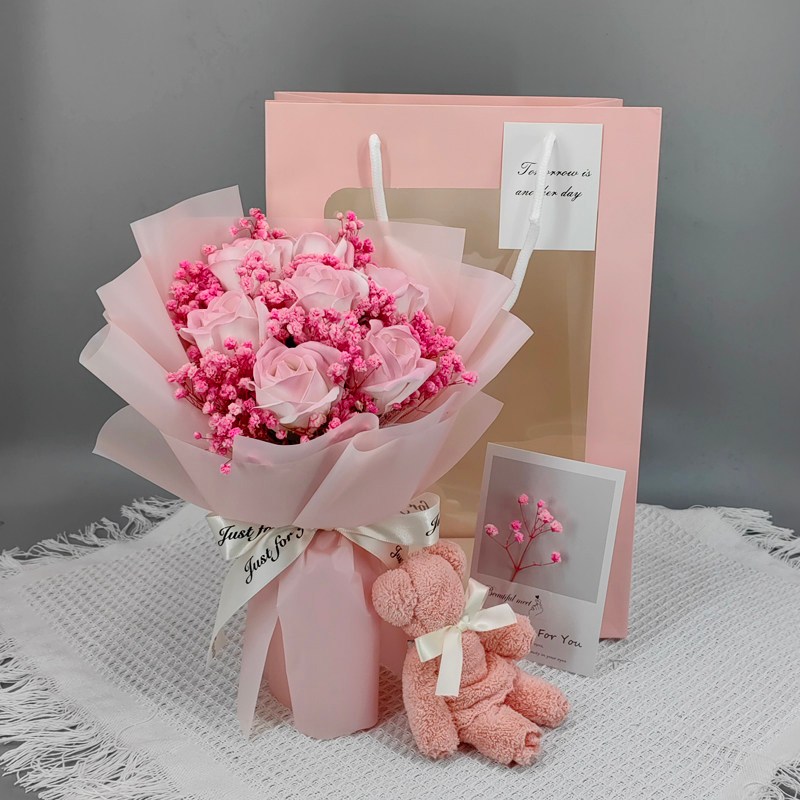 30cm7朵薔薇粉玫瑰花束,純花束（無提袋／無燈串）