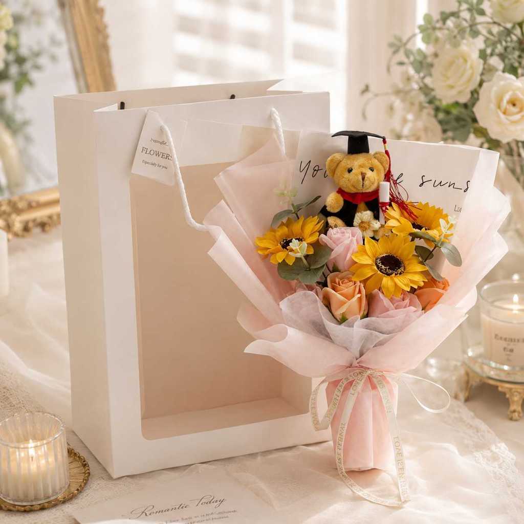 台灣現貨【畢業熊向日葵花束】30cm畢業熊花束, 香皂向日葵花束, 30cm畢業花束, 向日葵花禮, 畢業季送禮, 同學