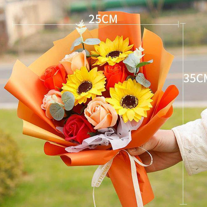 35cm9朵香皂向日葵玫瑰花束(藍色),純花束（無提袋／無燈串）