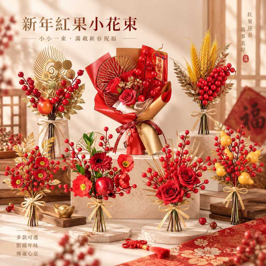 台灣現貨【新年紅果小花束】新年紅果花束, 新年小花束, 紅果花束, 石榴花束, 高粱花束, 大麥花束, 香皂玫瑰花束