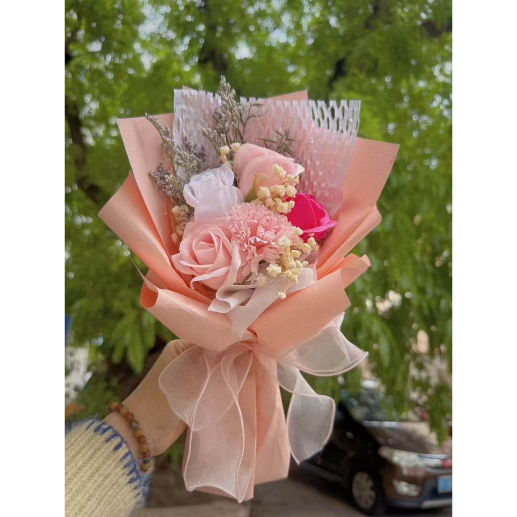 5朵｜粉白康乃馨玫瑰,純花束（無提袋／無燈串）