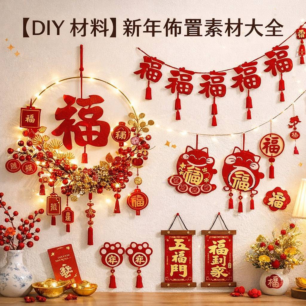 台灣現貨【新年佈置裝飾素材】拉旗門貼掛飾花瓶擺件銅錢草環手作材料 多款祝福圖樣居家店面佈景 裝飾掛飾
