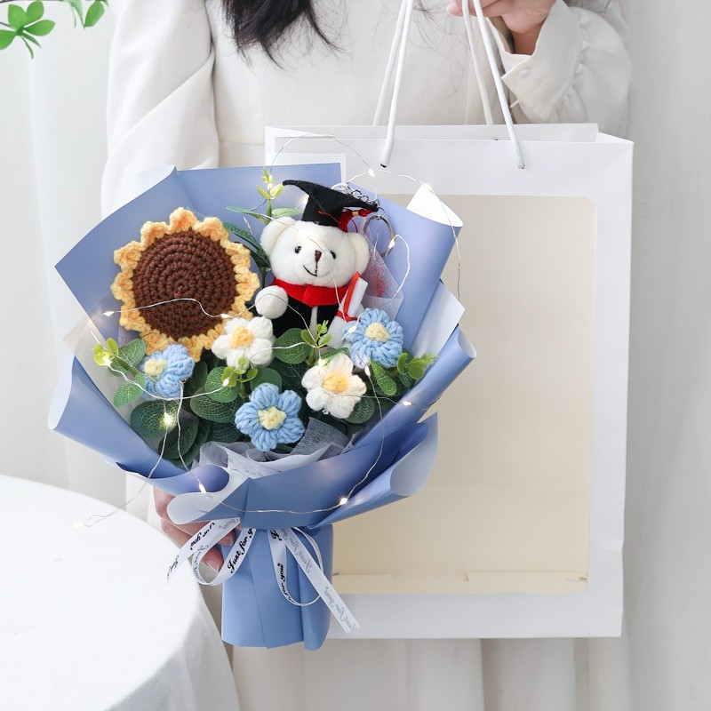 35cm向日葵＋坐姿畢業白熊(藍),純花束（無提袋／無燈串）