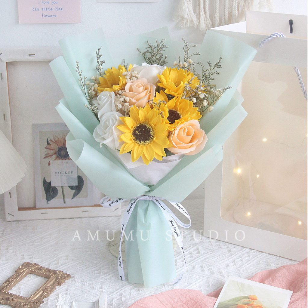 30cm5玫4向花束（藍綠）,純花束（無提袋／無燈串）