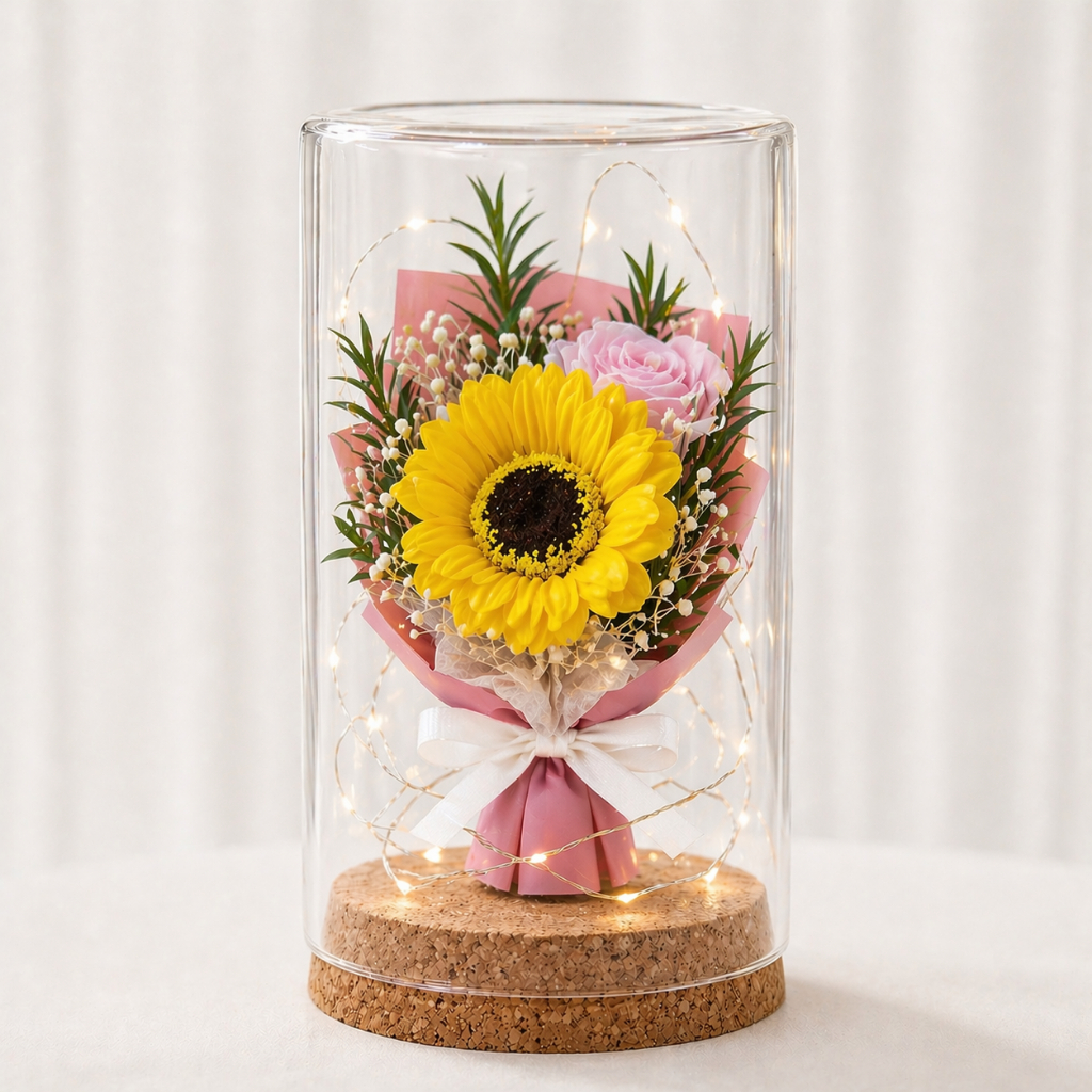 10cm香皂花玻璃罩（黃向日葵＋粉玫瑰）,純花束（無玻璃罩／無提袋／無燈串）