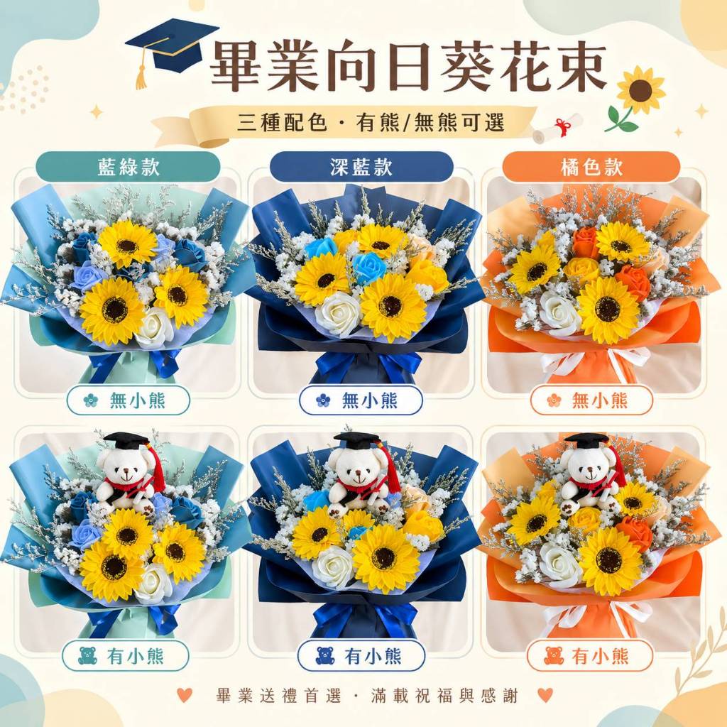 台灣現貨【香皂向日葵乾燥花花束】35cm卡斯星辰畢業熊花禮 天藍寶藍橘色送禮 合照拍照打卡 櫥窗提袋燈串可