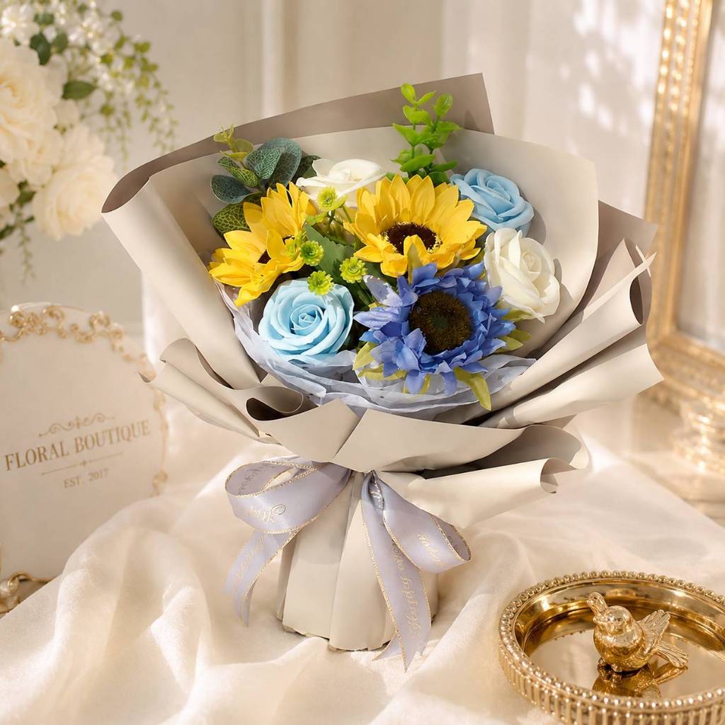 台灣現貨【向日葵玫瑰花束】30~45cm向日葵玫瑰混搭畢業花束 生日禮物 向日葵花束 玫瑰花束 仿真花束 畢業花束