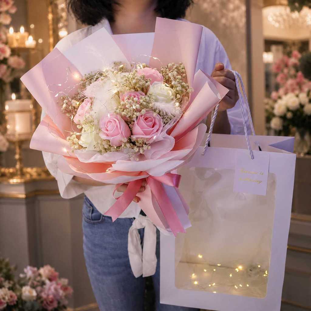 台灣現貨【9朵玫瑰花束】情人節花禮, 生日送禮, 母親節花禮, 紀念日禮物, 告白花束, 櫥窗提袋花束, LED燈串花束