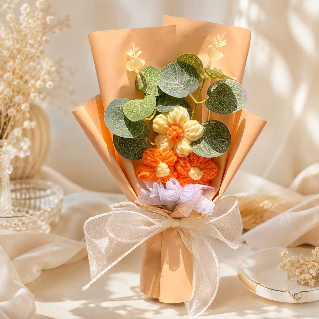 台灣現貨【30cm毛線泡芙花束】30cm毛線泡芙花束, 針織泡芙花, 毛線花束, 手工針織花禮, 粉色花束, 紫色花束
