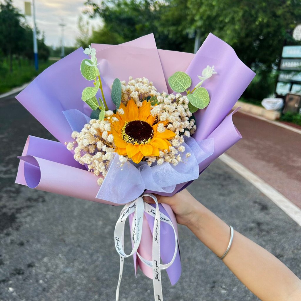 30cm香皂向日葵＋滿天星（粉紫）,純花束（無提袋／無燈串）