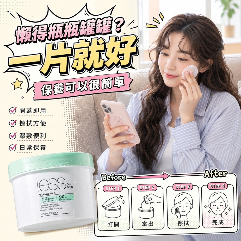 HOLIKA HOLIKA Less On Skin精華爽膚棉 220ml 120片 韓國 積雪草艾草泛醇 保濕舒緩補水