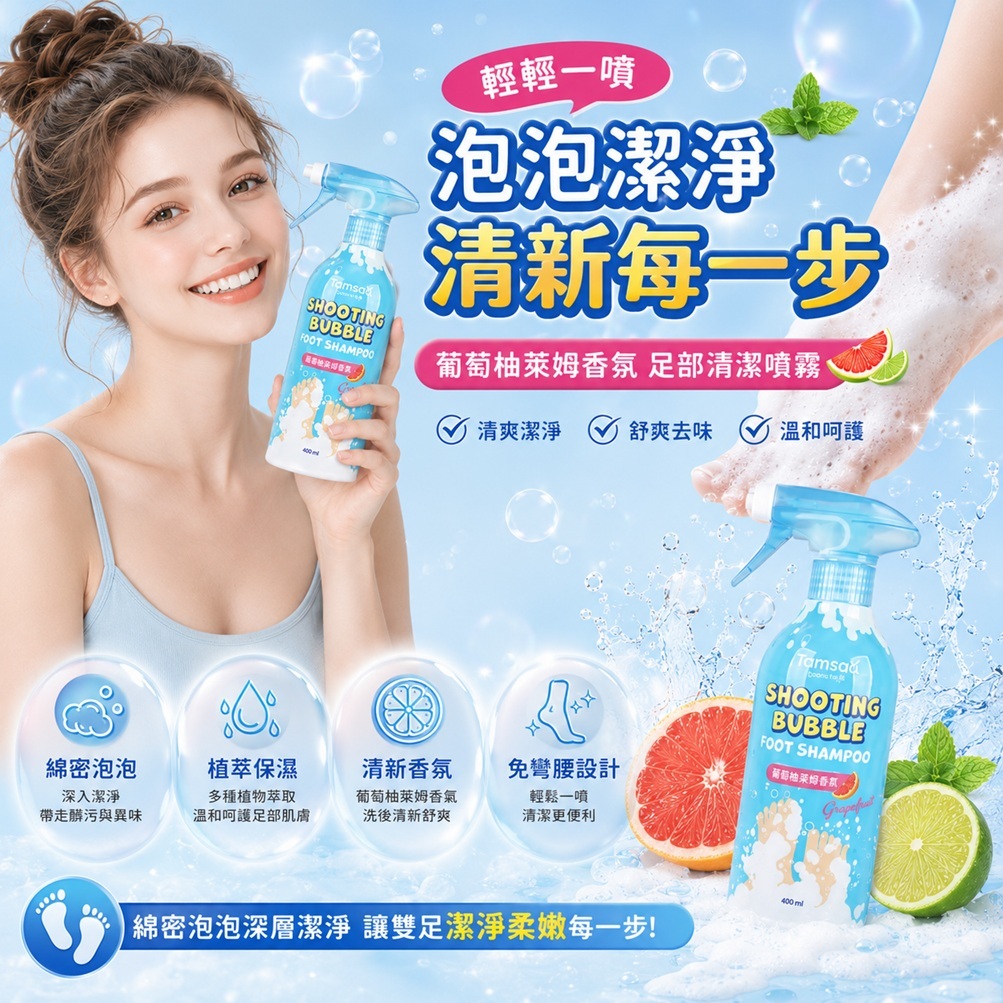 Tamsaa Shooting Bubble 足部泡泡清潔噴霧 400ml 韓國足部護理 葡萄柚香 免彎腰洗腳 清爽潔淨