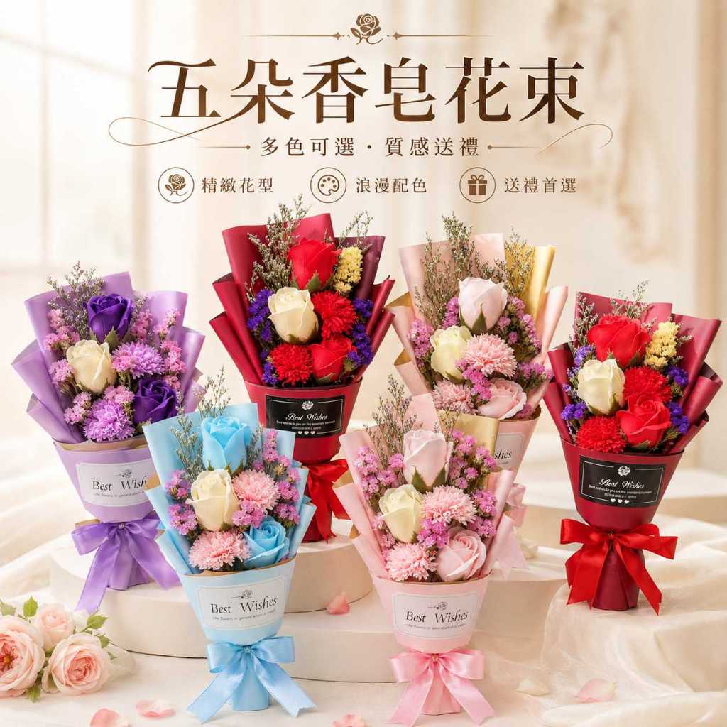 台灣現貨【五朵香皂花束】35~40cm五朵香皂花束, 5朵香皂花, 香皂康乃馨花束, 香皂玫瑰花束, 康乃馨玫瑰花束