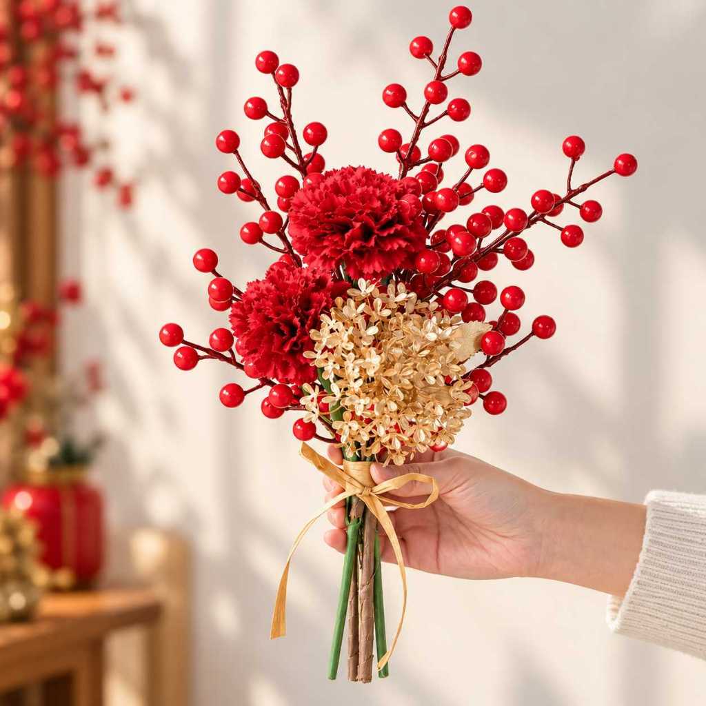 台灣現貨【新年紅果小花束】新年紅果花束, 新年小花束, 紅果花束, 石榴花束, 高粱花束, 大麥花束, 香皂玫瑰花束