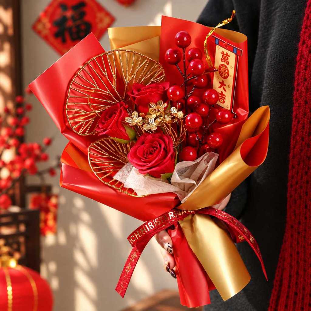 台灣現貨【新年紅果小花束】新年紅果花束, 新年小花束, 紅果花束, 石榴花束, 高粱花束, 大麥花束, 香皂玫瑰花束